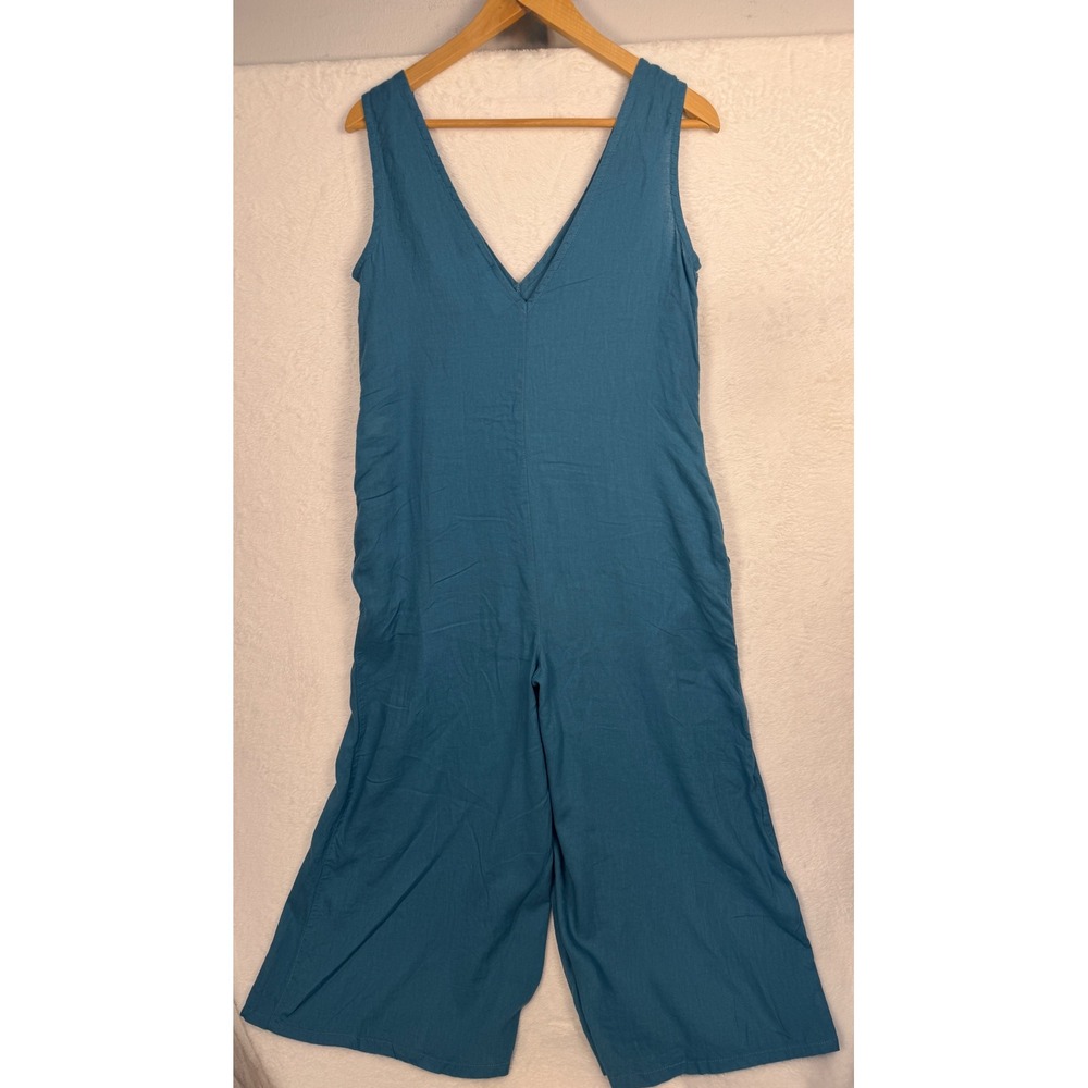 Cynthia Rowley Teal Blue Linen Blend Wide Leg V-Neck Sleeveless Jumpsuit Small - Picture 3 of 16